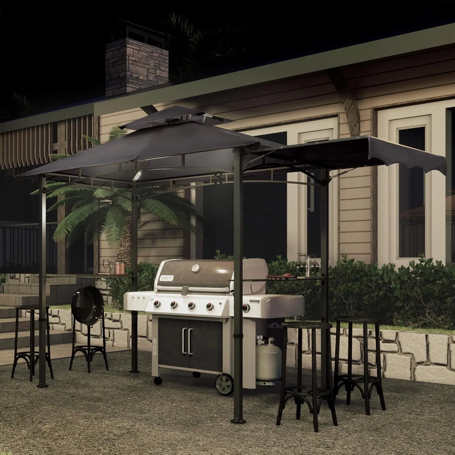 MASTERCANOPY 11 x 5 Grill Gazebo with Extra Side Awning Outdoor BBQ Gazebo with 2 LED Lights for Patio Party Backyard Picnic(Dark Gray)