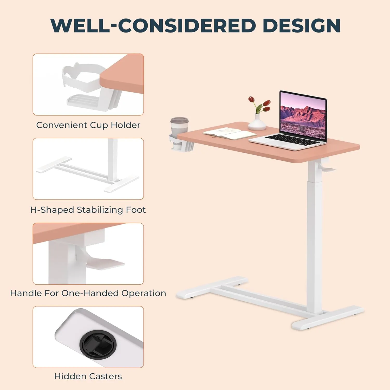 Medical Overbed Adjustable Bedside Table with Hidden Casters, Pneumatic Mobile Rolling Laptop Standing Desk with Tray for Home and Hospital Use, Pink