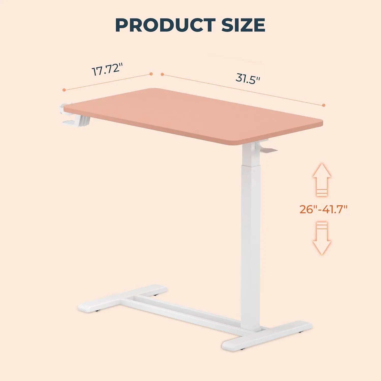 Medical Overbed Adjustable Bedside Table with Hidden Casters, Pneumatic Mobile Rolling Laptop Standing Desk with Tray for Home and Hospital Use, Pink