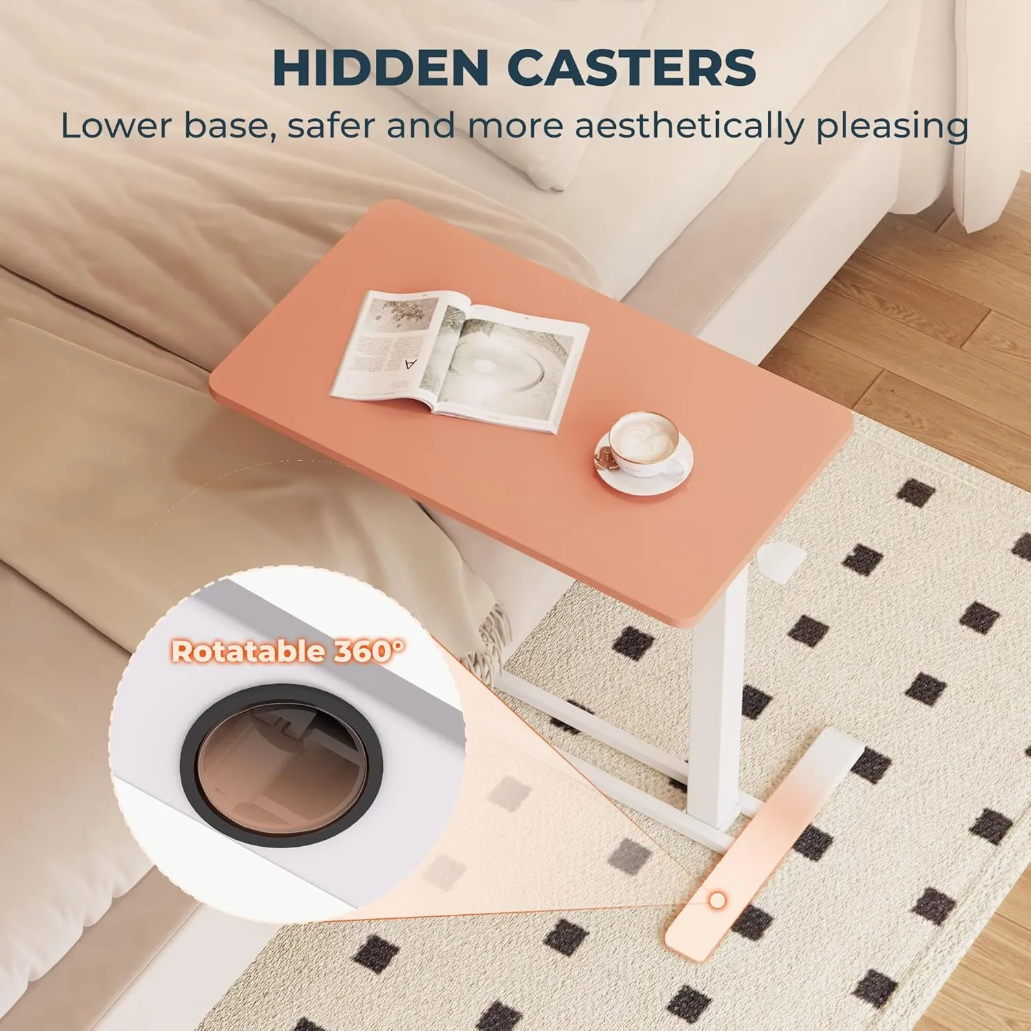 Medical Overbed Adjustable Bedside Table with Hidden Casters, Pneumatic Mobile Rolling Laptop Standing Desk with Tray for Home and Hospital Use, Pink