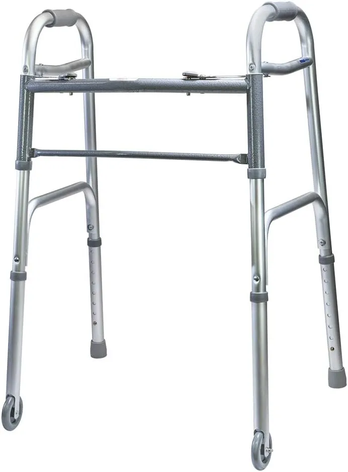 MediChoice Dual-Release Two Button/Folding Walker, Height Adjustable with 3 Inch Wheels, Aluminum, 300 lb. Capacity (1 Each)