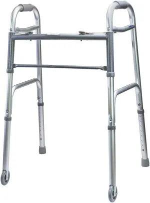 MediChoice Dual-Release Two Button/Folding Walker, Height Adjustable with 3 Inch Wheels, Aluminum, 300 lb. Capacity (1 Each)