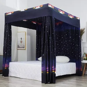 Mengersi Galaxy Star Four Corner Post Bed Curtains Canopy Bedroom Decoration for Kids Girls Adults Windproof Lightproof Bed Canopies Child Gift (Twin,Black)