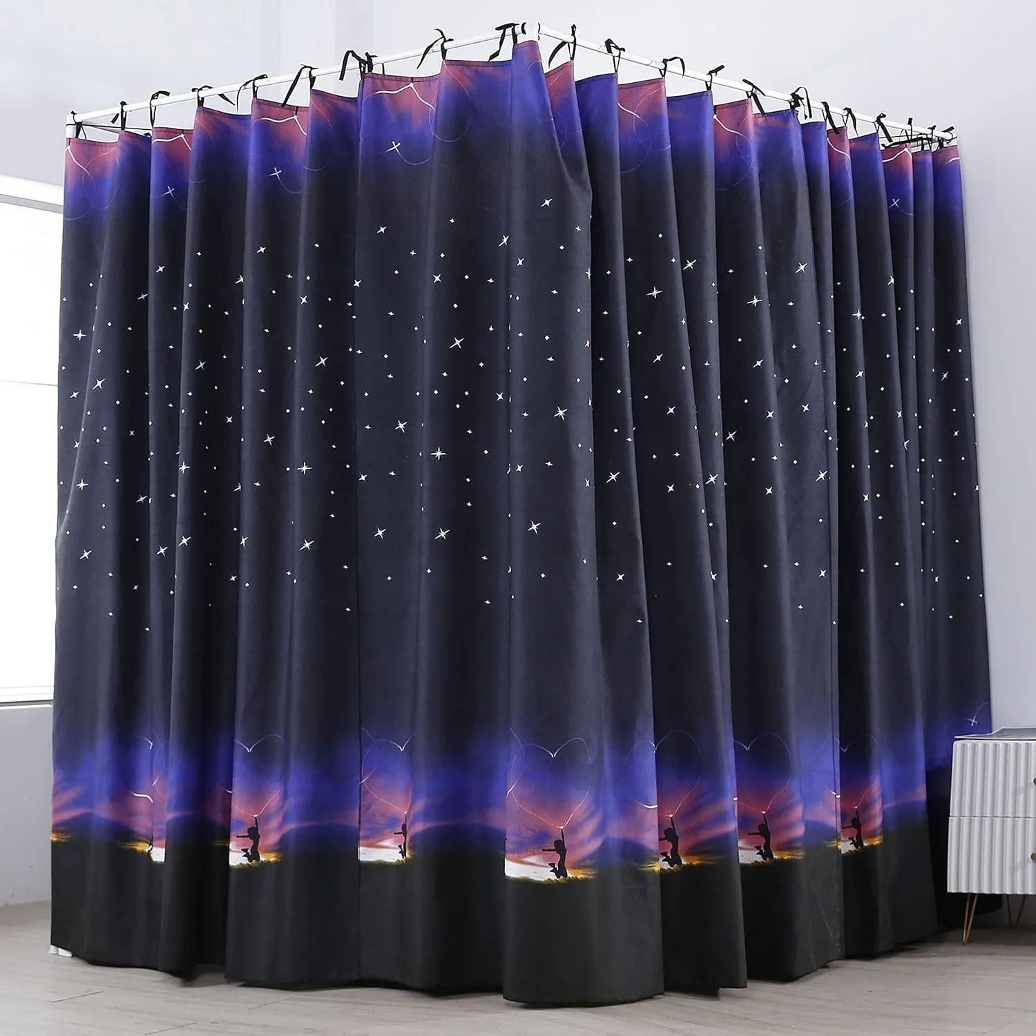 Mengersi Galaxy Star Four Corner Post Bed Curtains Canopy Bedroom Decoration for Kids Girls Adults Windproof Lightproof Bed Canopies Child Gift (Twin,Black)
