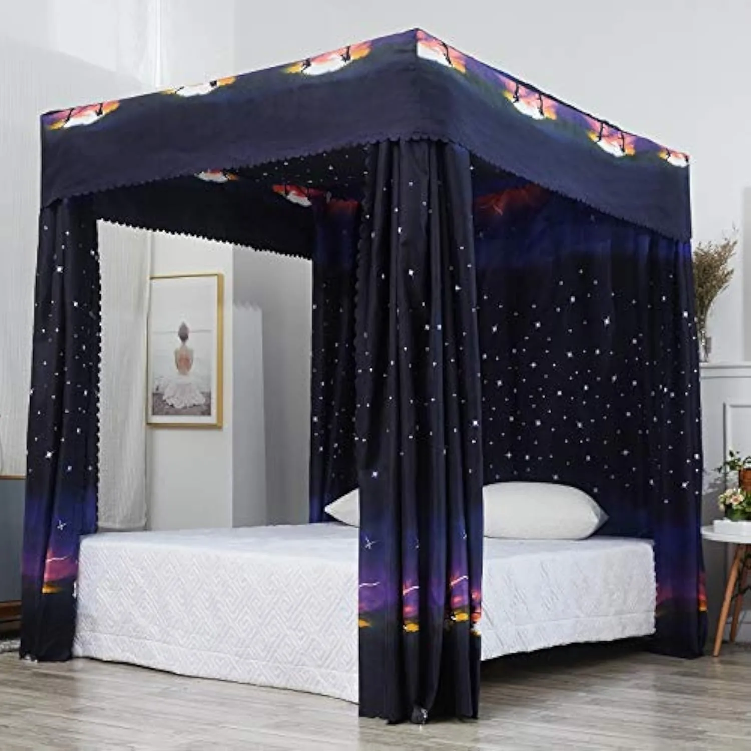 Mengersi Galaxy Star Four Corner Post Bed Curtains Canopy Bedroom Decoration for Kids Girls Adults Windproof Lightproof Bed Canopies Child Gift (Twin,Black)