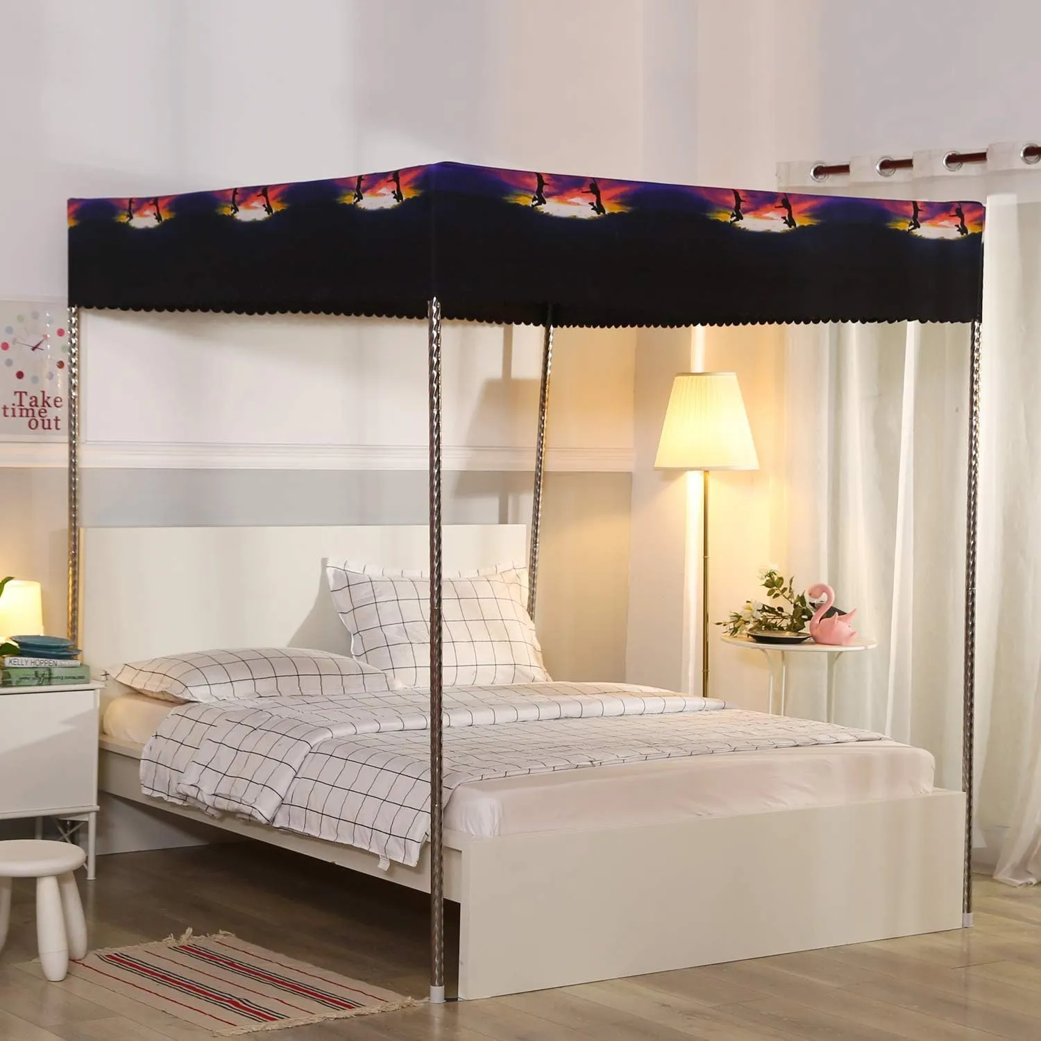 Mengersi Galaxy Star Four Corner Post Bed Curtains Canopy Bedroom Decoration for Kids Girls Adults Windproof Lightproof Bed Canopies Child Gift (Twin,Black)