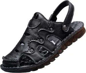 Mens Closed Toe Outdoor Beach Sandal, Summer Durable Convenient Shoe Buckle Closed Toe Sandals, Comfortable Adjustable the Heel Strap Leather Slippers