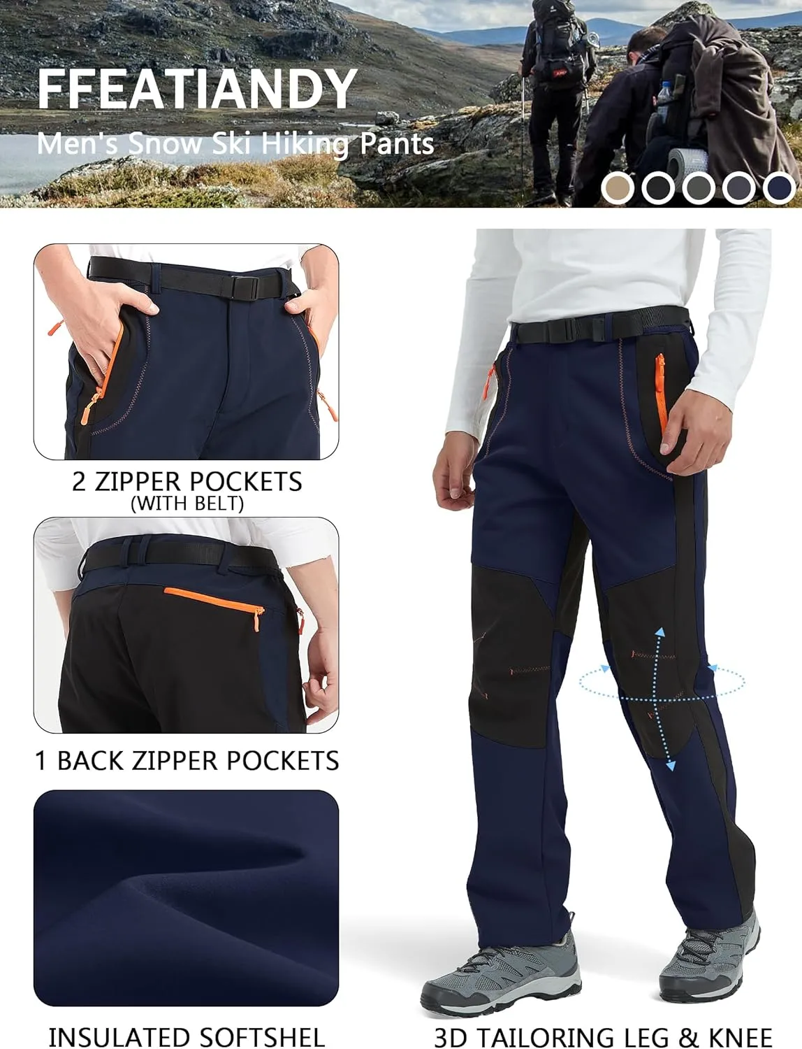 Men's Hiking Snow Ski Pants Softshell Fleece Lined Winter Water Repellent Outdoor Fishing Cargo Pants