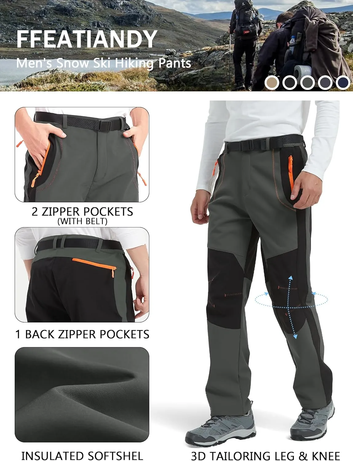 Men's Hiking Snow Ski Pants Softshell Fleece Lined Winter Water Repellent Outdoor Fishing Cargo Pants