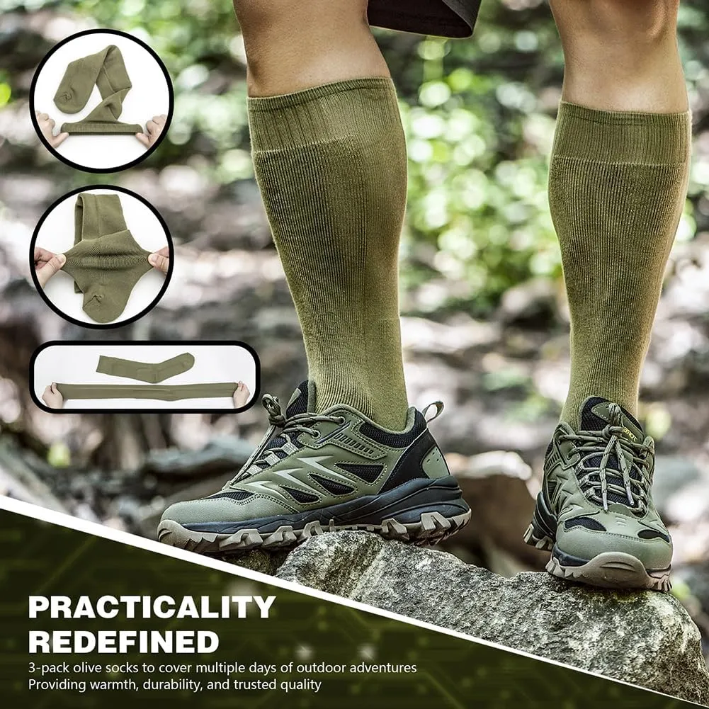 Men's Hiking Socks Military Green Shin Guard Hunting Boot Socks Over the Calf Socks for Men, 3-Pack