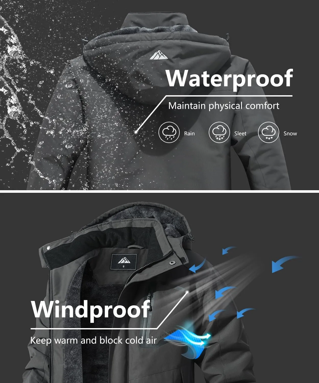 Men's Mountain Ski Jacket Waterproof Winter Coat Warm Snowboarding Jacket Snow Windbreaker Hooded for Hiking