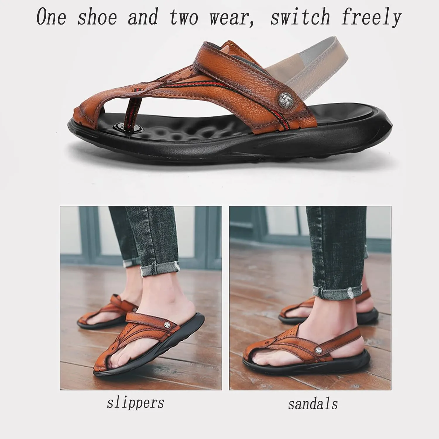 Mens Non-slip Beach Slippers, Summer Rubber Outsole Closed Toe Leather ls, Casual Breathable and Lightweight Adjustable Heel Strap Slippers