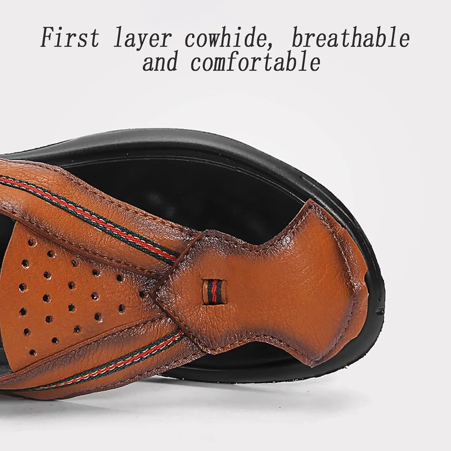 Mens Non-slip Beach Slippers, Summer Rubber Outsole Closed Toe Leather ls, Casual Breathable and Lightweight Adjustable Heel Strap Slippers