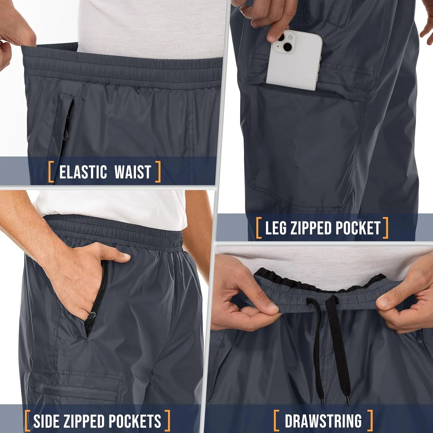 Men's Rain Pants Waterproof Over Pants Windproof Outdoor Hiking Pants for Golf,Fishing,Cycling