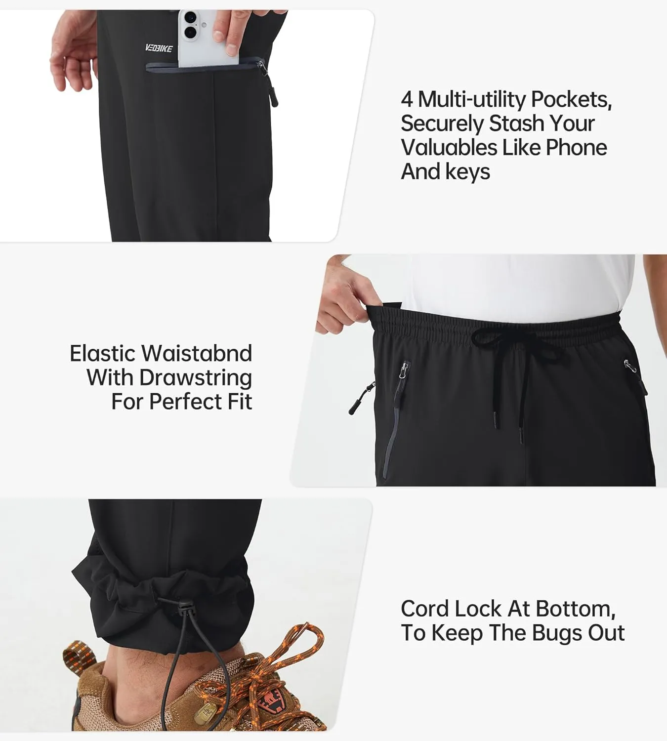 Mens Stretch Hiking Pants Cargo Quick Dry Lightweight Water Resistant Outdoor Fishing Pants Adjustable Bottom Pockets