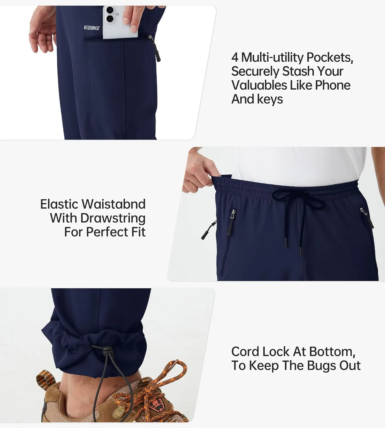 Mens Stretch Hiking Pants Cargo Quick Dry Lightweight Water Resistant Outdoor Fishing Pants Adjustable Bottom Pockets