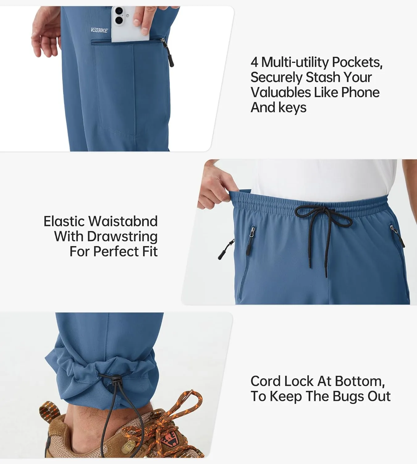 Mens Stretch Hiking Pants Cargo Quick Dry Lightweight Water Resistant Outdoor Fishing Pants Adjustable Bottom Pockets
