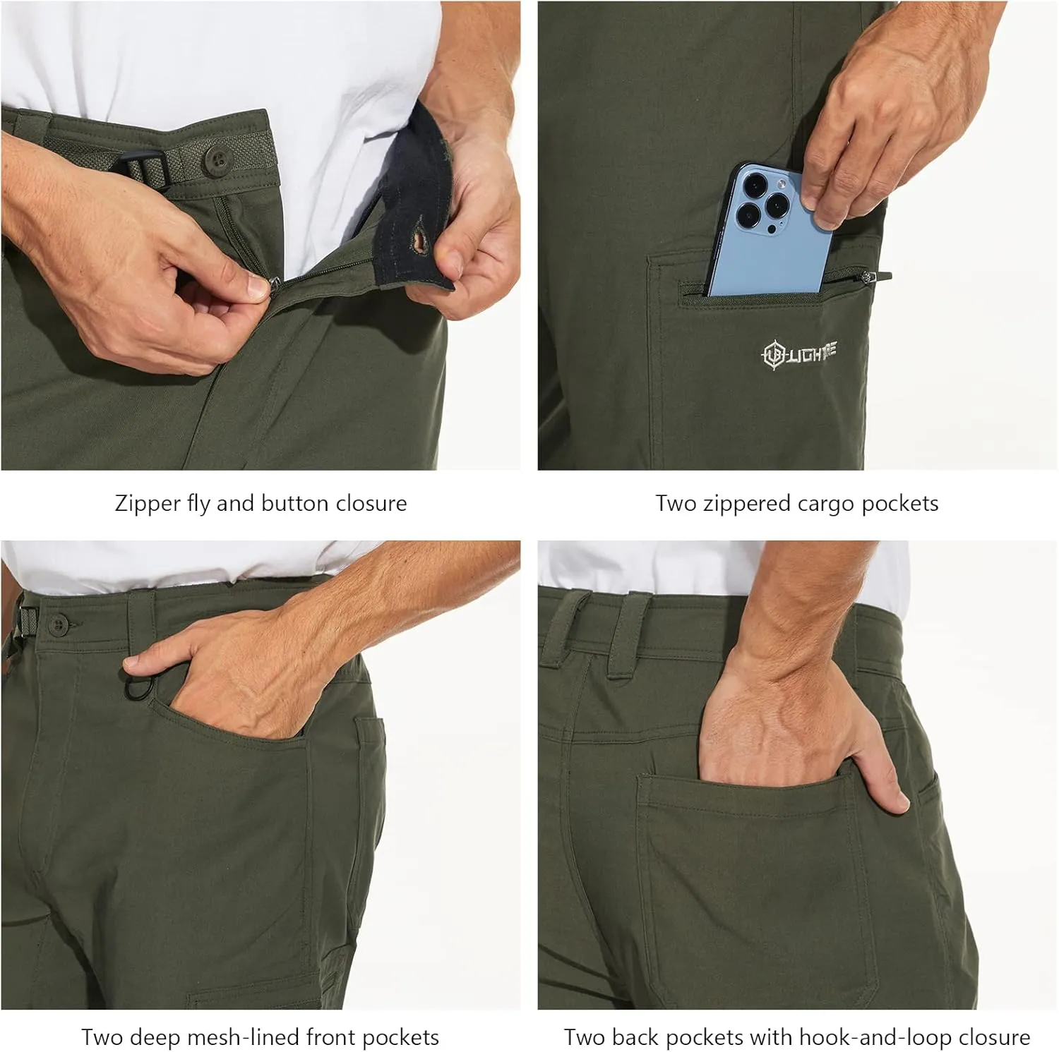Men's Stretch Lightweight Hiking Cargo Pants UPF 50  Cropped with Roll-Up Leg Snaps Water Resistant Straight Fit