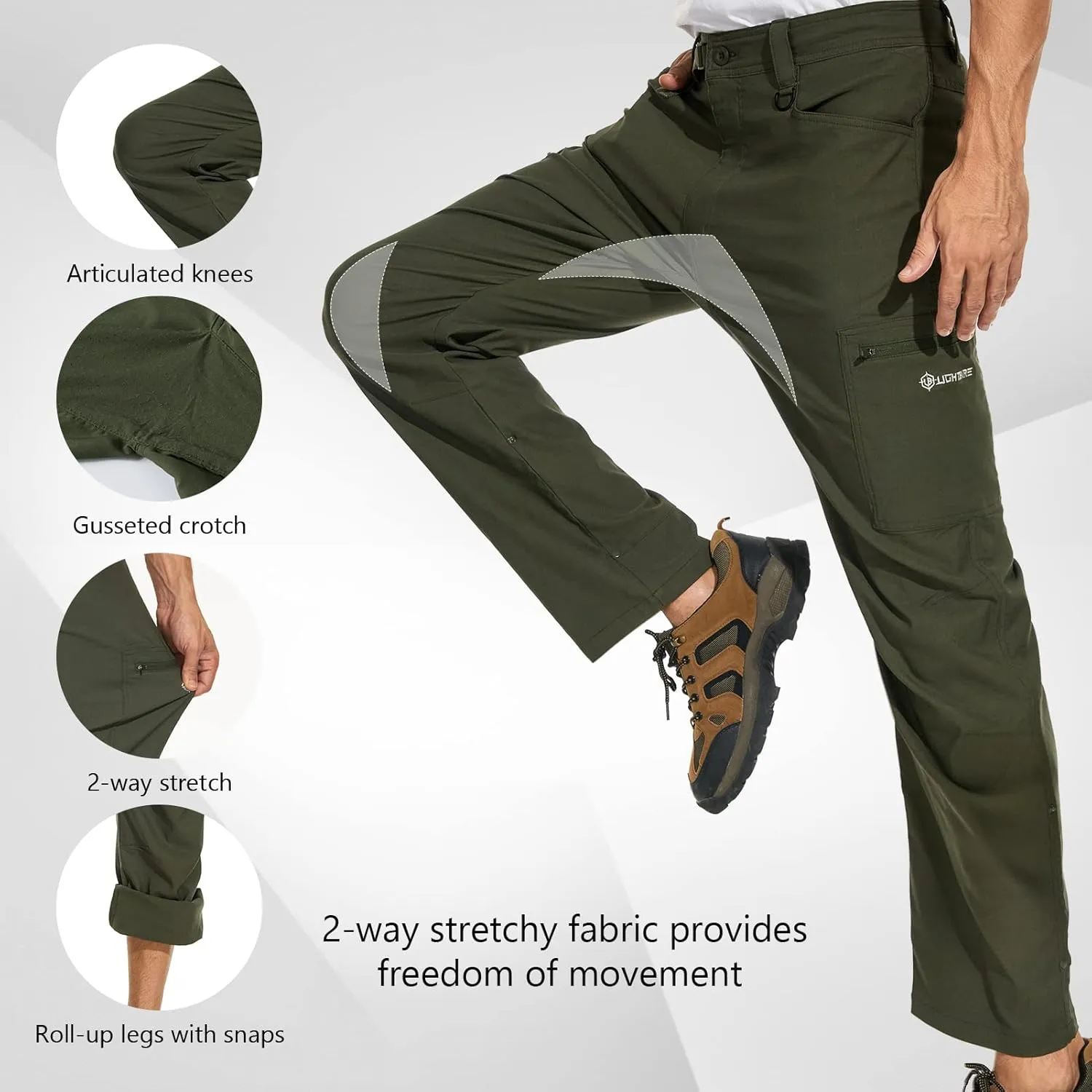Men's Stretch Lightweight Hiking Cargo Pants UPF 50  Cropped with Roll-Up Leg Snaps Water Resistant Straight Fit