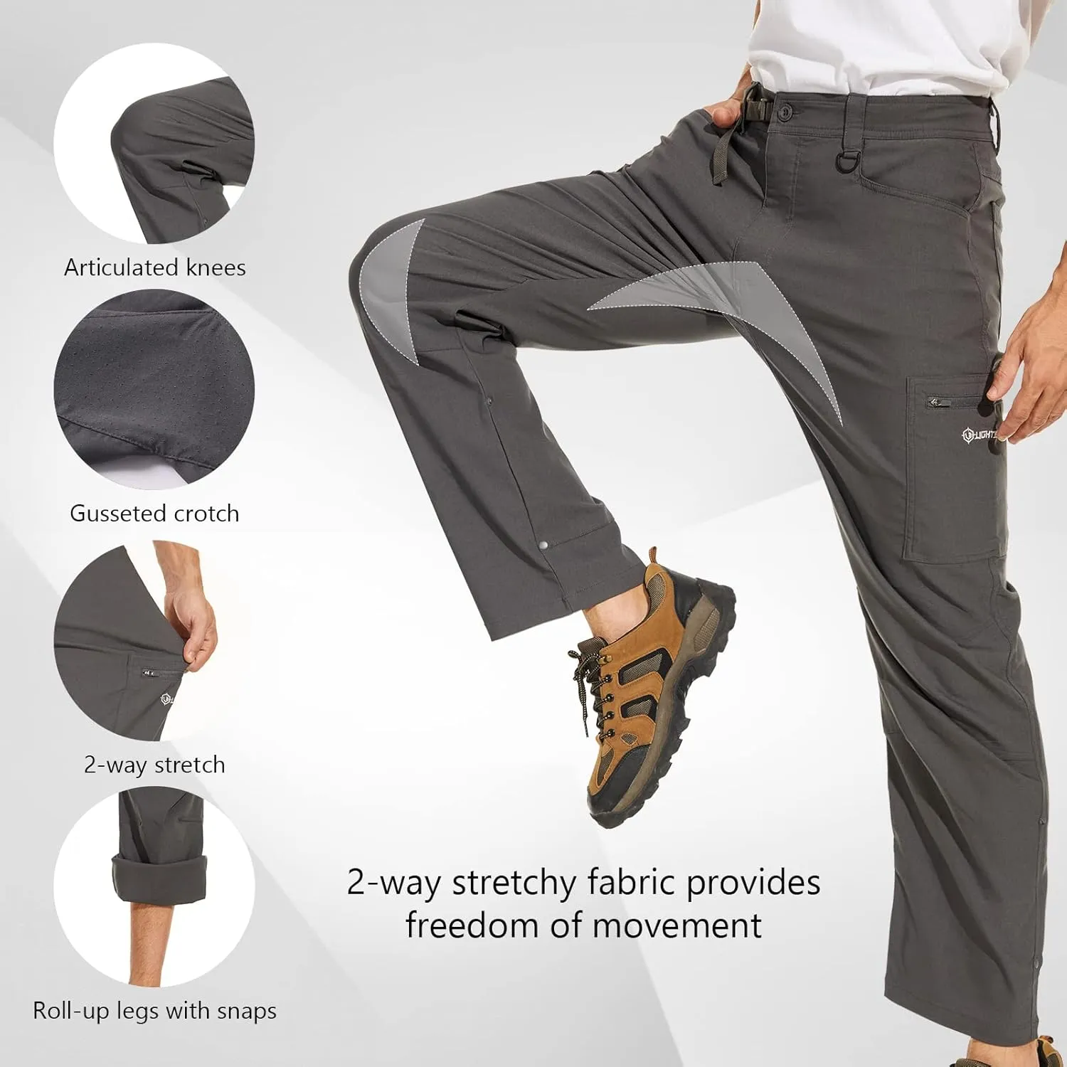 Men's Stretch Lightweight Hiking Cargo Pants UPF 50  Cropped with Roll-Up Leg Snaps Water Resistant Straight Fit