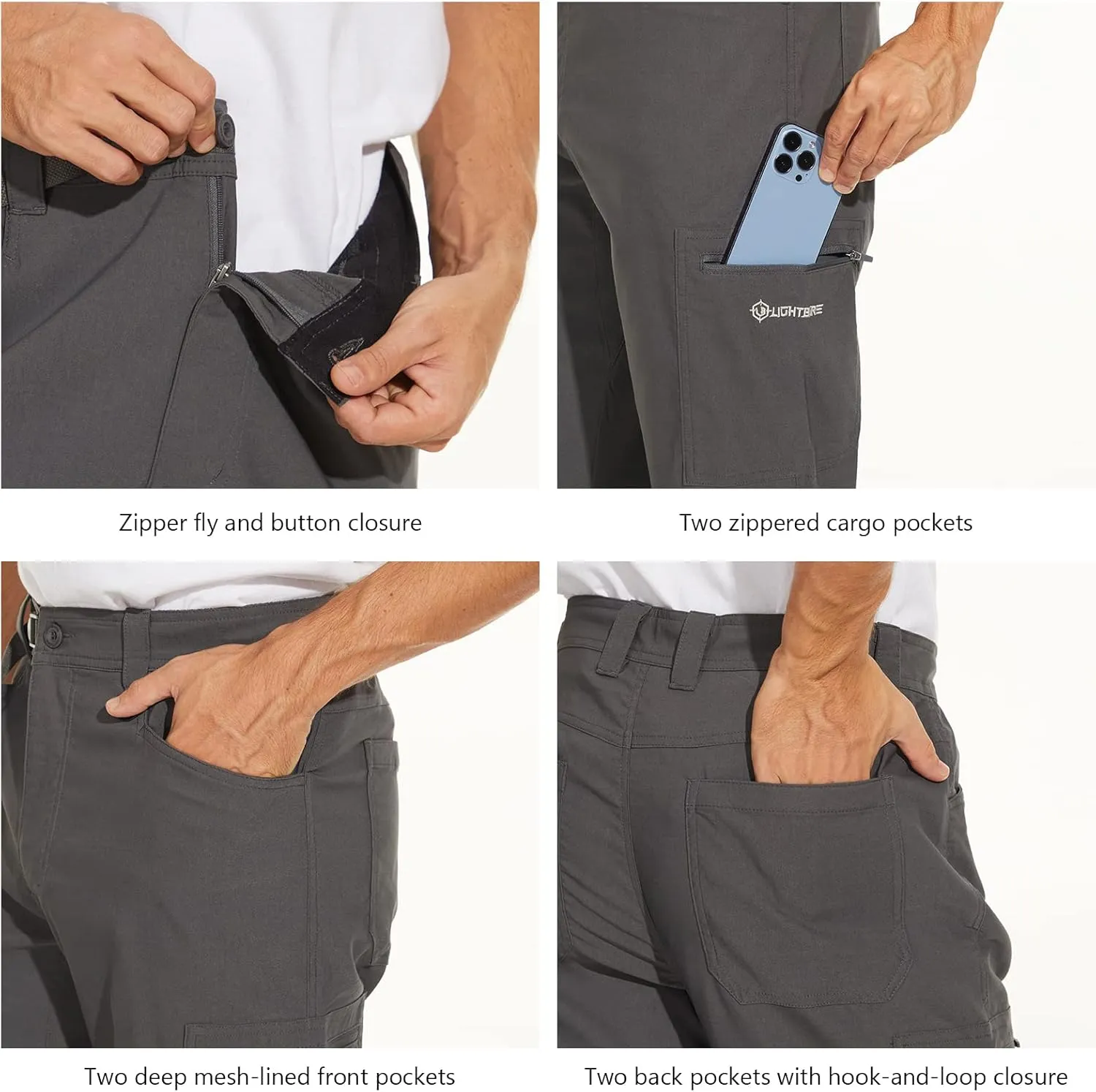 Men's Stretch Lightweight Hiking Cargo Pants UPF 50  Cropped with Roll-Up Leg Snaps Water Resistant Straight Fit