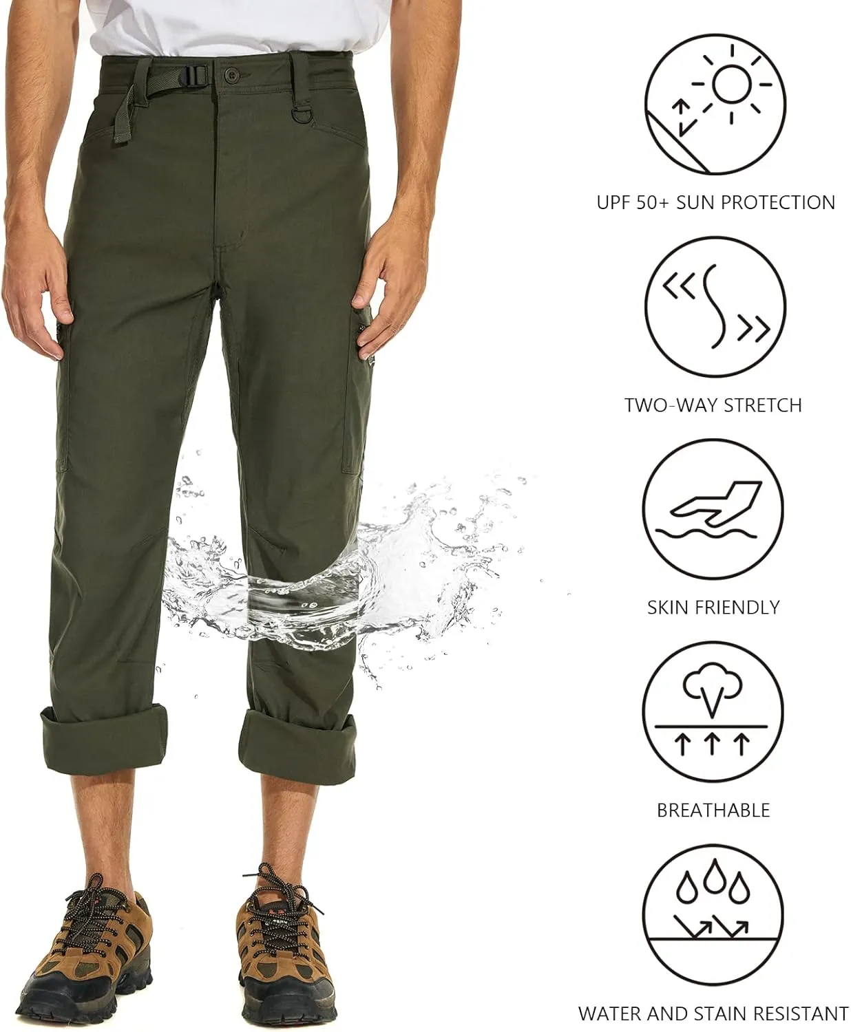 Men's Stretch Lightweight Hiking Cargo Pants UPF 50  Cropped with Roll-Up Leg Snaps Water Resistant Straight Fit