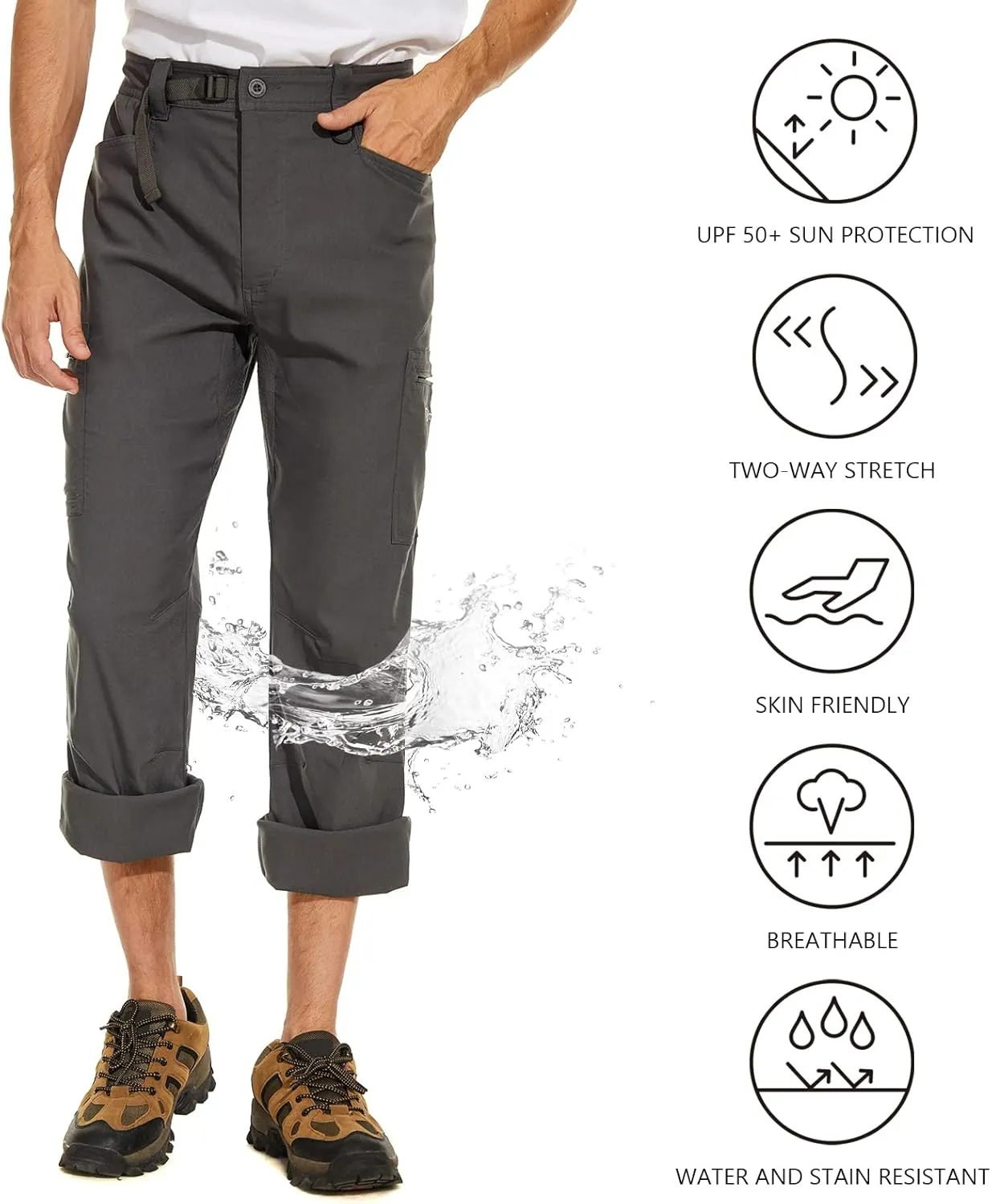 Men's Stretch Lightweight Hiking Cargo Pants UPF 50  Cropped with Roll-Up Leg Snaps Water Resistant Straight Fit