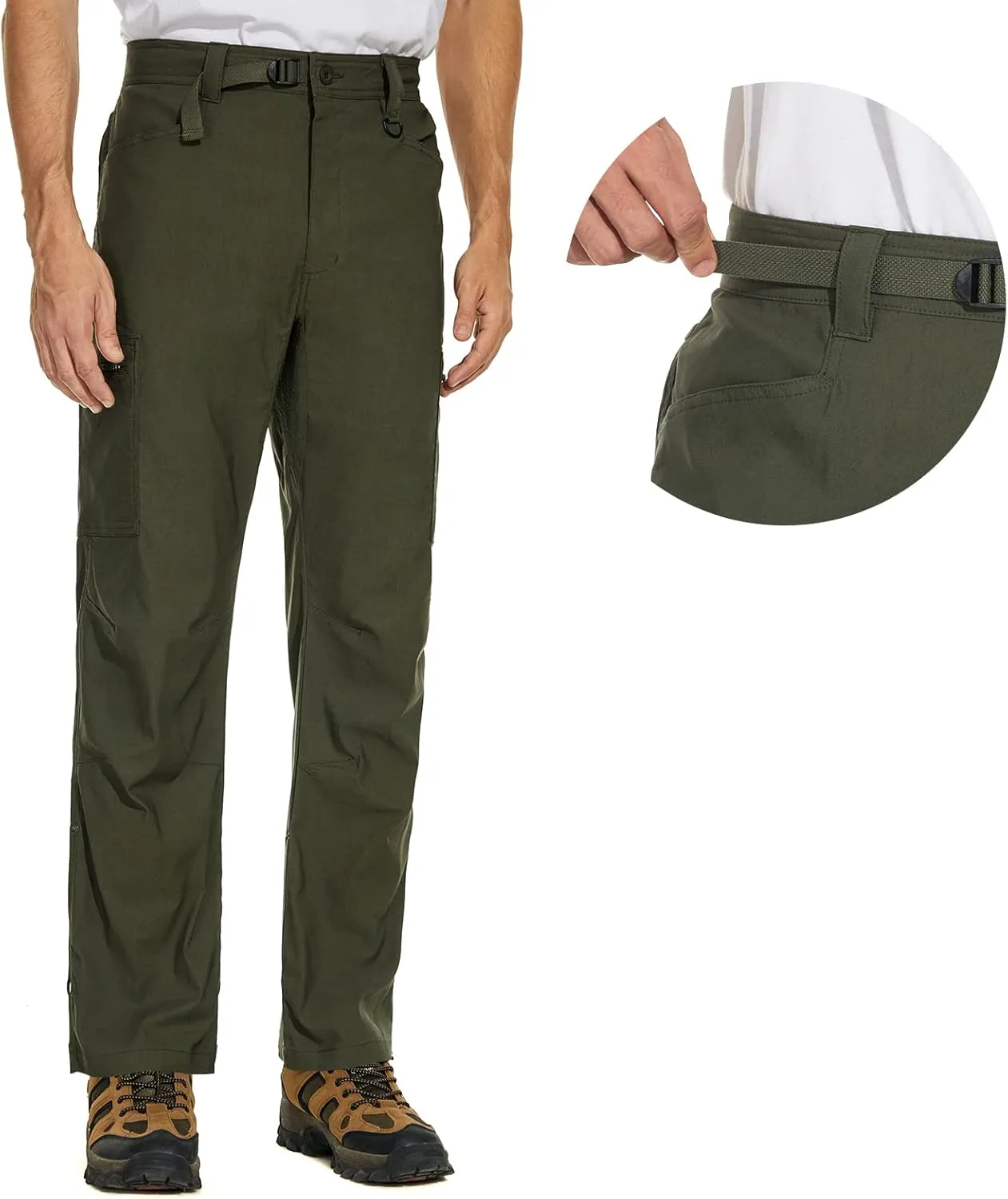 Men's Stretch Lightweight Hiking Cargo Pants UPF 50  Cropped with Roll-Up Leg Snaps Water Resistant Straight Fit