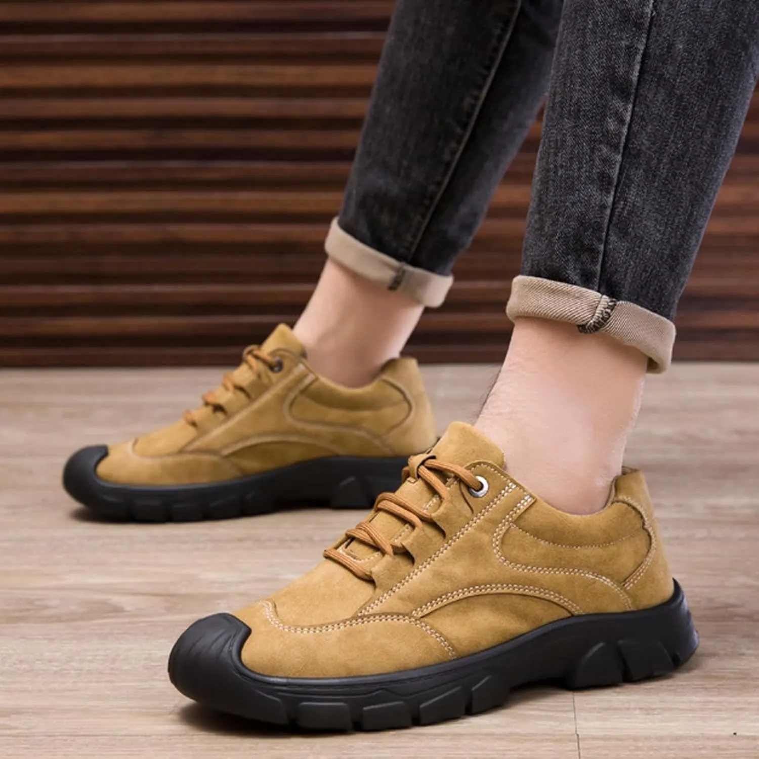 Men's Suede Lace up Non Slip Platform Hiking Shoes Low Top Comfortable Lightweight Waterproof Lug Sole Outdoor Sneakers for Camping Trekking Adventure Work Shoes