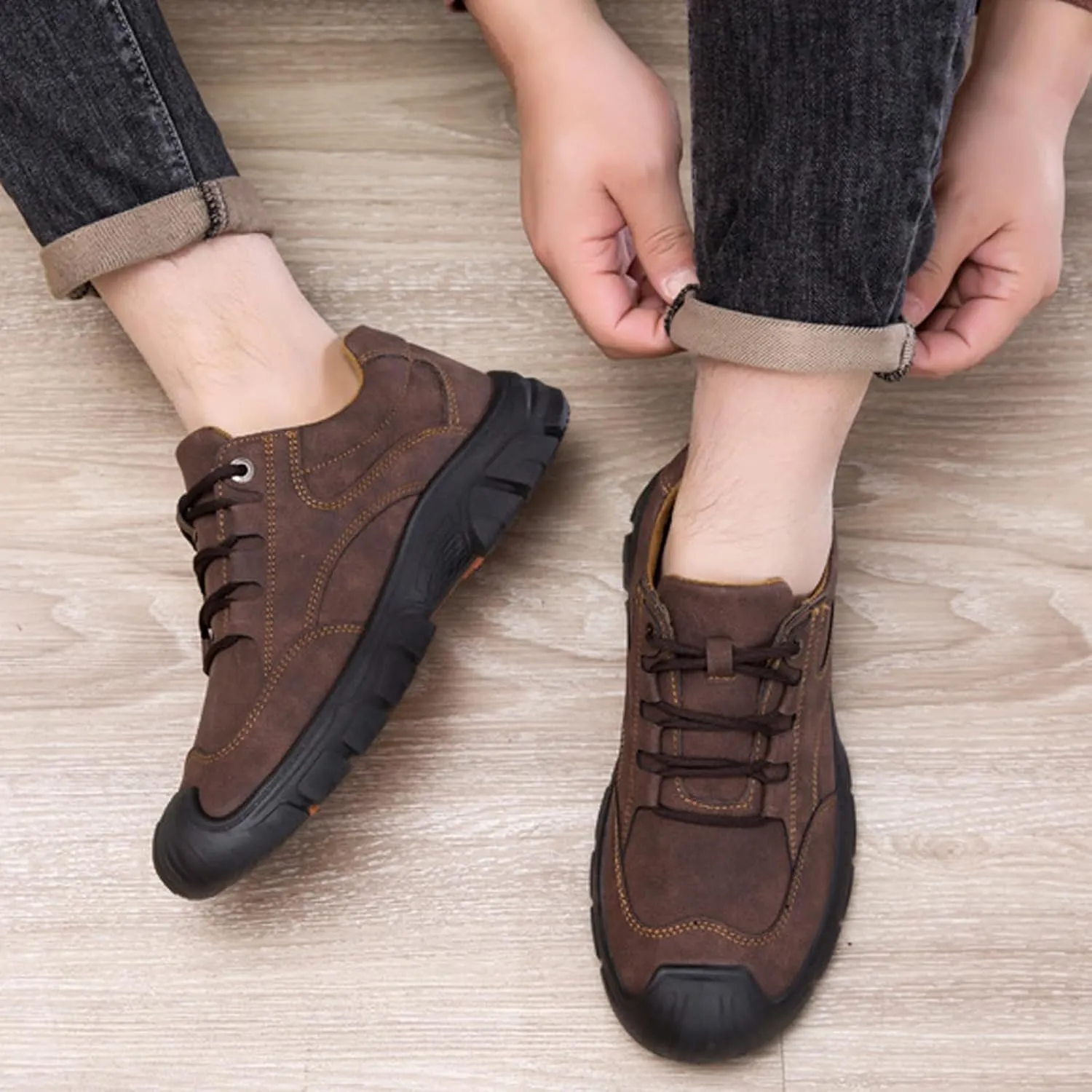 Men's Suede Lace up Non Slip Platform Hiking Shoes Low Top Comfortable Lightweight Waterproof Lug Sole Outdoor Sneakers for Camping Trekking Adventure Work Shoes