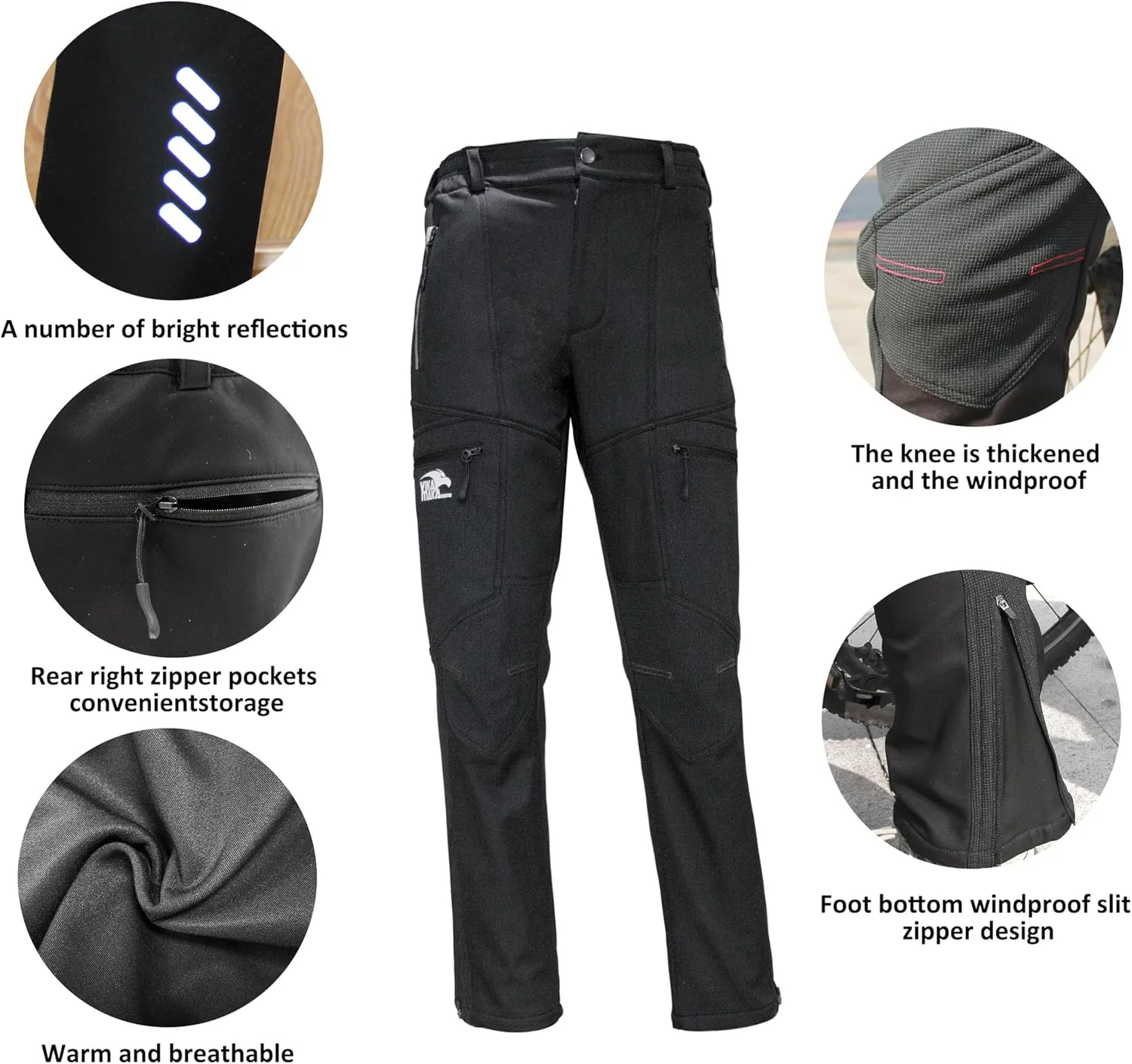 Men's Thermal Fleece Cycling Pants, Reflective Waterproof Softshell Bicycle Riding Outdoor Pants