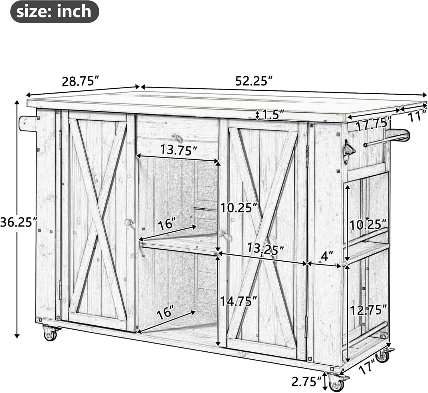 Merax 52.25" W Outdoor Kitchen Island Patio Grill Cart with Stainless Steel Tabletop, Storage Cabinet for BBQ, Bar