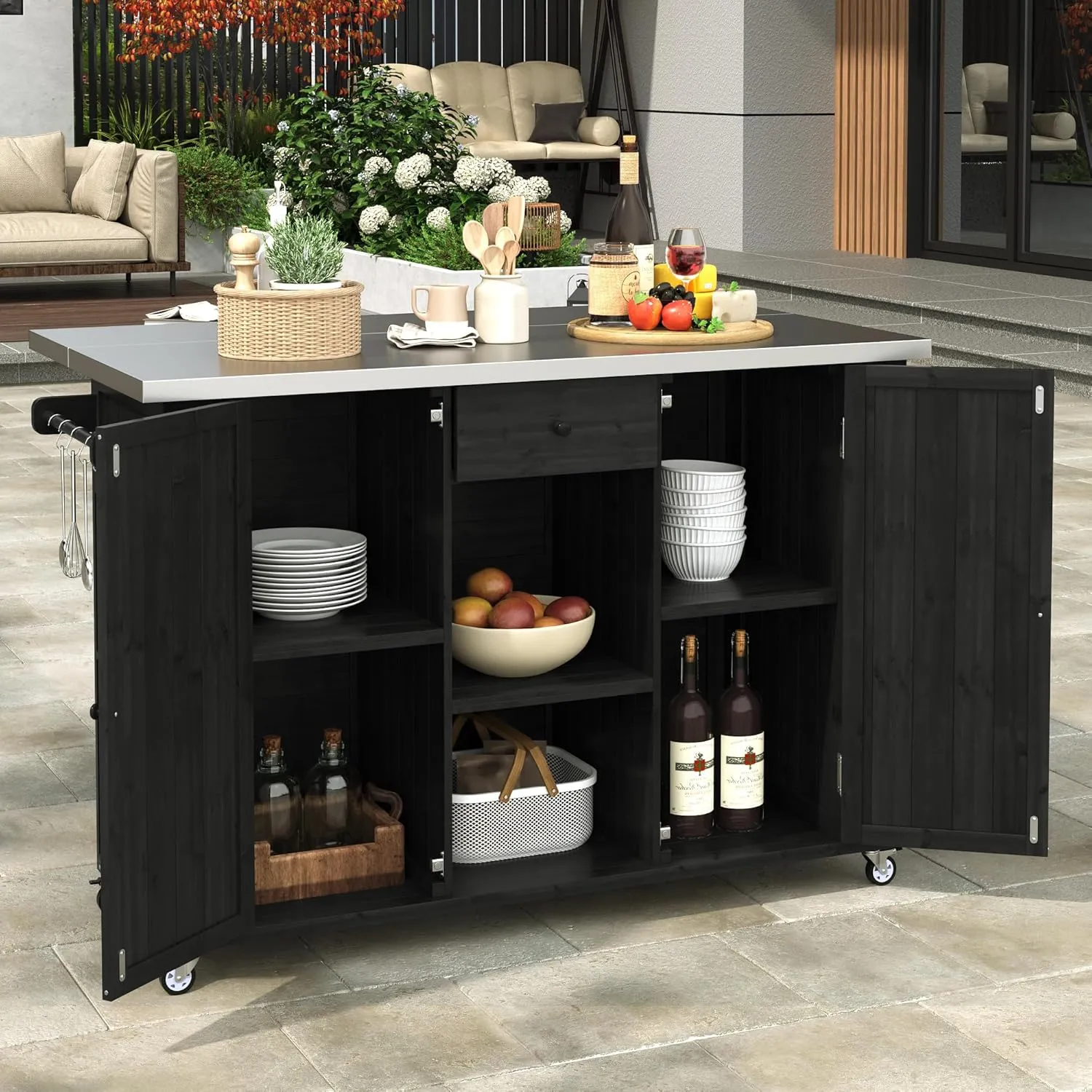 Merax 52.25" W Outdoor Kitchen Island Patio Grill Cart with Stainless Steel Tabletop, Storage Cabinet for BBQ, Bar