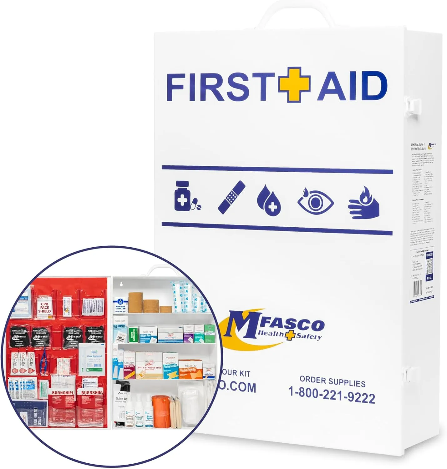 MFASCO 4 Shelf Commercial First Aid Kit, Type I & II, 2021 OSHA Approved,ANSI Z308.1-2021 Compliant, 528 pcs Latex-Free, Wall Mount Cabinet,No Medications,Easy Refilling Instructions, with Tourniquet