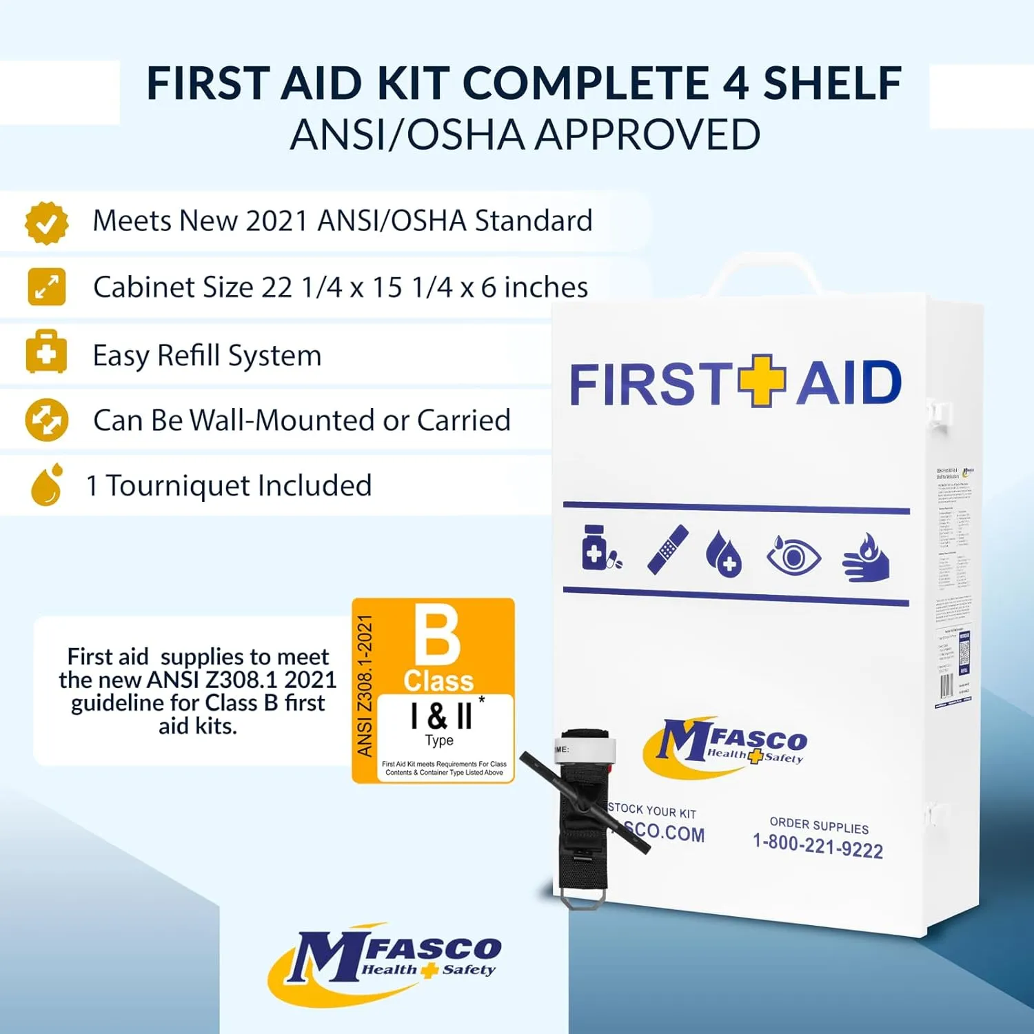 MFASCO 4 Shelf Commercial First Aid Kit, Type I & II, 2021 OSHA Approved,ANSI Z308.1-2021 Compliant, 528 pcs Latex-Free, Wall Mount Cabinet,No Medications,Easy Refilling Instructions, with Tourniquet