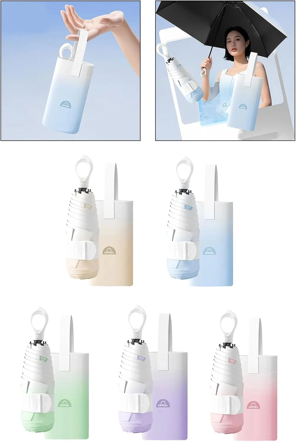 Miniature Folding Travel Umbrellas with Rings Handle and Storage Bag Gradients Color UVs Protections Light weight Portab