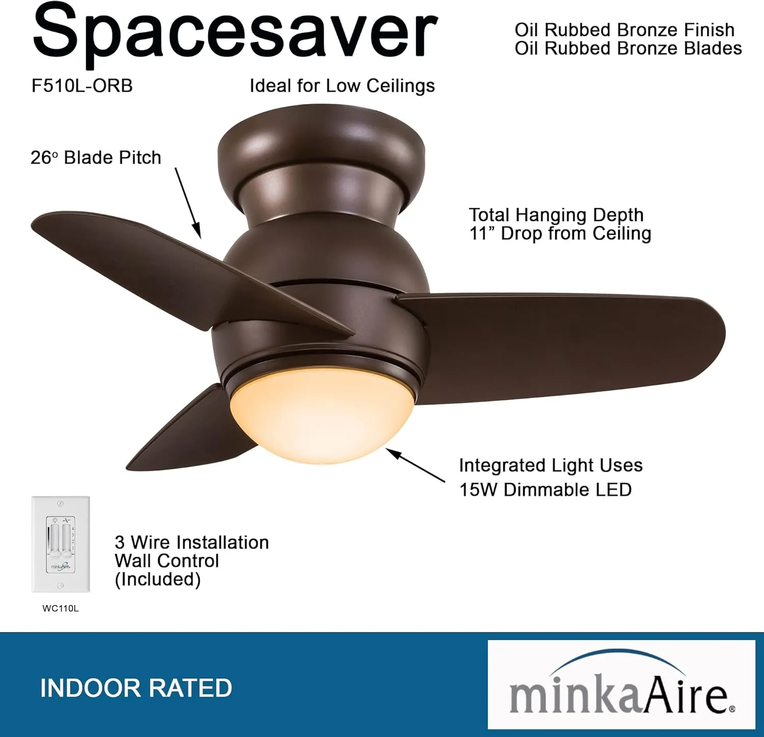 MINKA-AIRE F510L-ORB Spacesaver 26 Inch Small Ceiling Fan with Integrated 15W LED Light in Oil Rubbed Bronze Finish