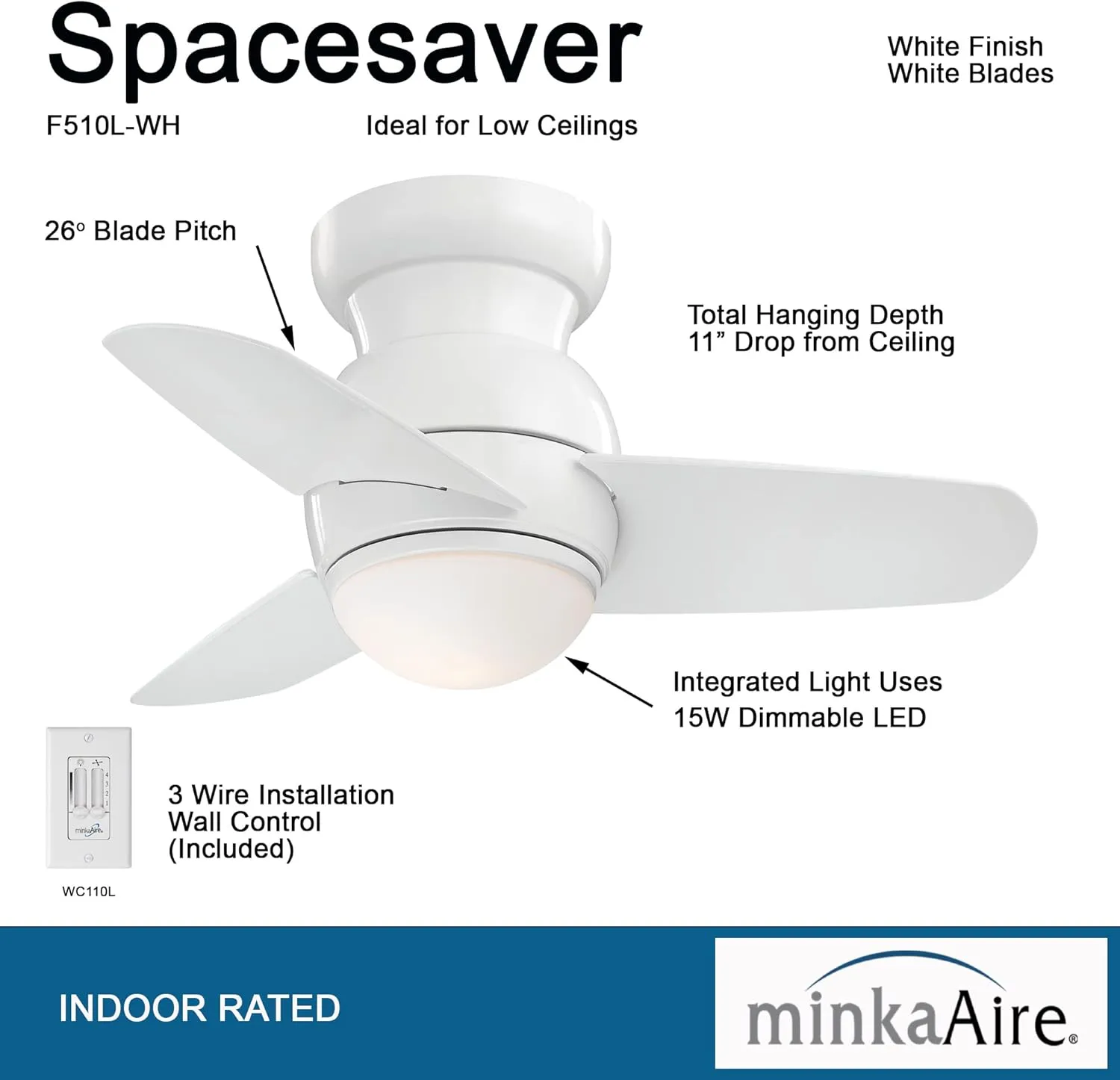 MINKA-AIRE F510L-WH Spacesaver 26 Inch Small Ceiling Fan with Integrated 15W LED Light in White Finish
