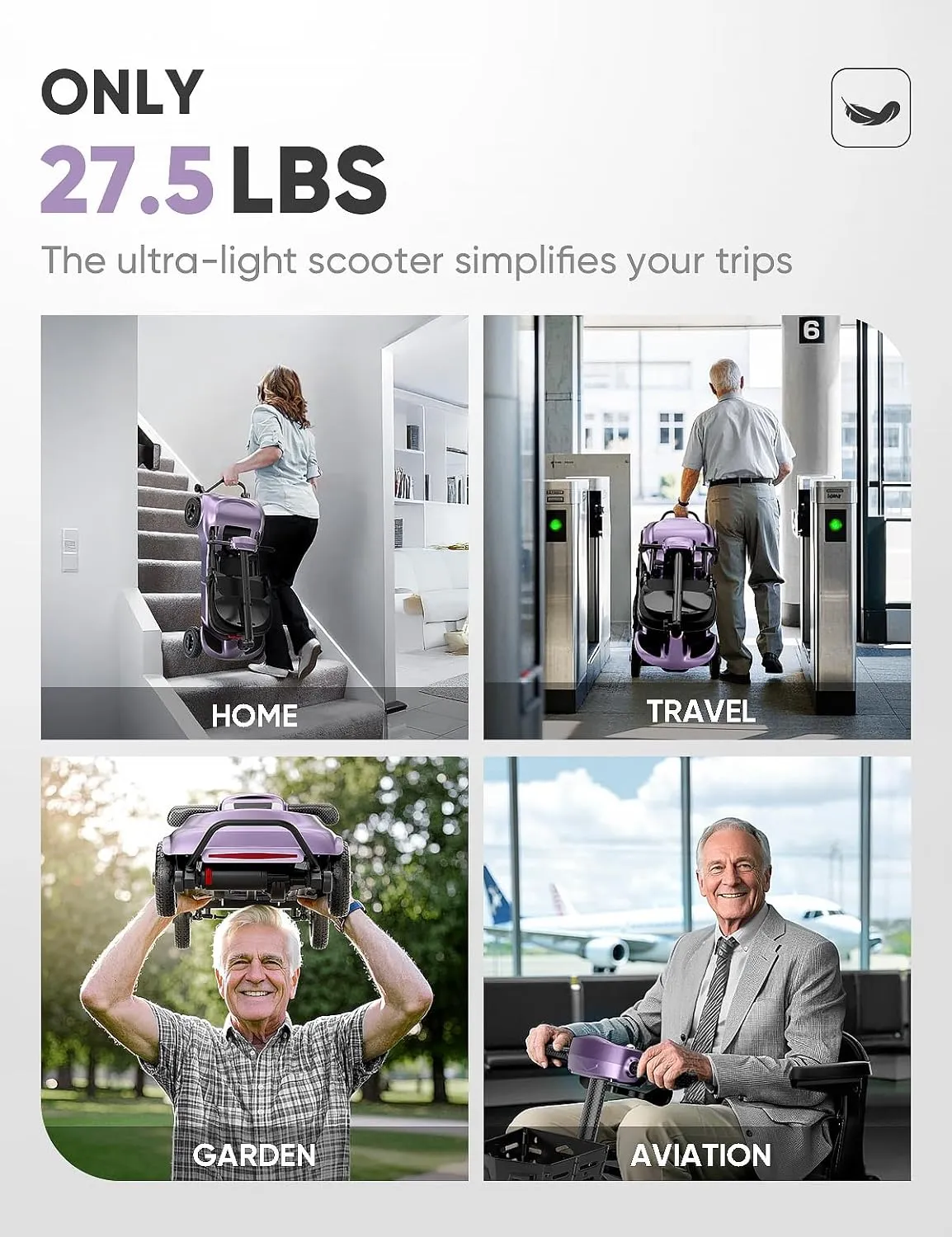 Mobility Scooters for Adults & Seniors - Ultra Lightweight 27.5 lbs Carbon Fiber Folding Electric Scooter - Airlines Approved All-Terrain Portable Scooter with Basket and Charger Included-Purple