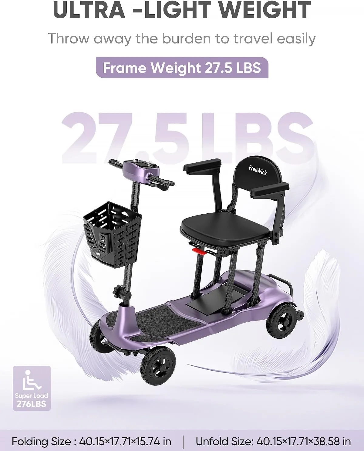 Mobility Scooters for Adults & Seniors - Ultra Lightweight 27.5 lbs Carbon Fiber Folding Electric Scooter - Airlines Approved All-Terrain Portable Scooter with Basket and Charger Included-Purple