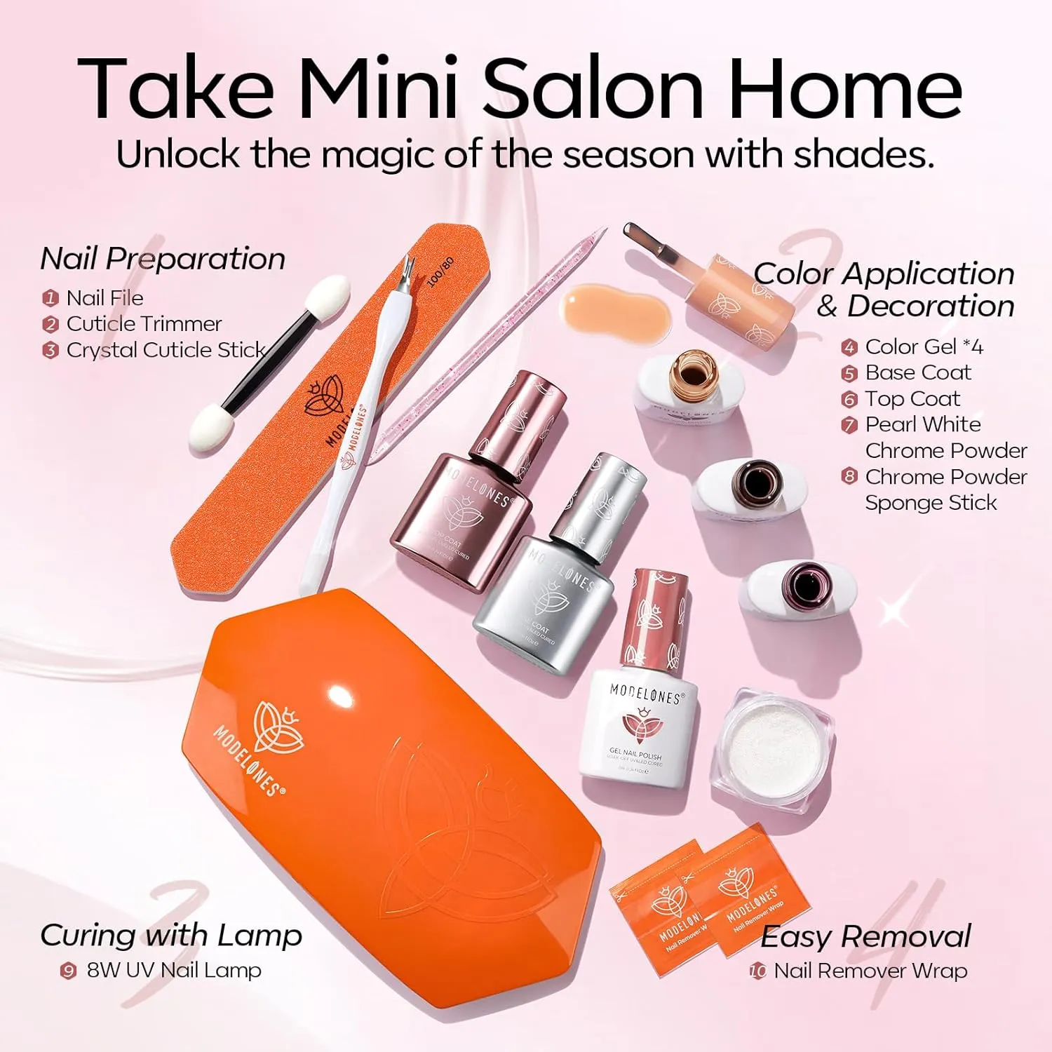 Modelones Jelly Gel Nail Polish Kit with U V Light, Sheer Pink Nude Red Manicure Set with Base Top Coat Pearl Chrome Powder 4 Colors Spring Gel Mini Salon Nail Art Starter Gift for Women Girls