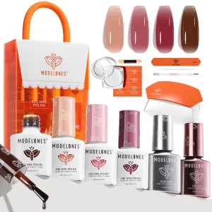 Modelones Jelly Gel Nail Polish Kit with U V Light, Sheer Pink Nude Red Manicure Set with Base Top Coat Pearl Chrome Powder 4 Colors Spring Gel Mini Salon Nail Art Starter Gift for Women Girls