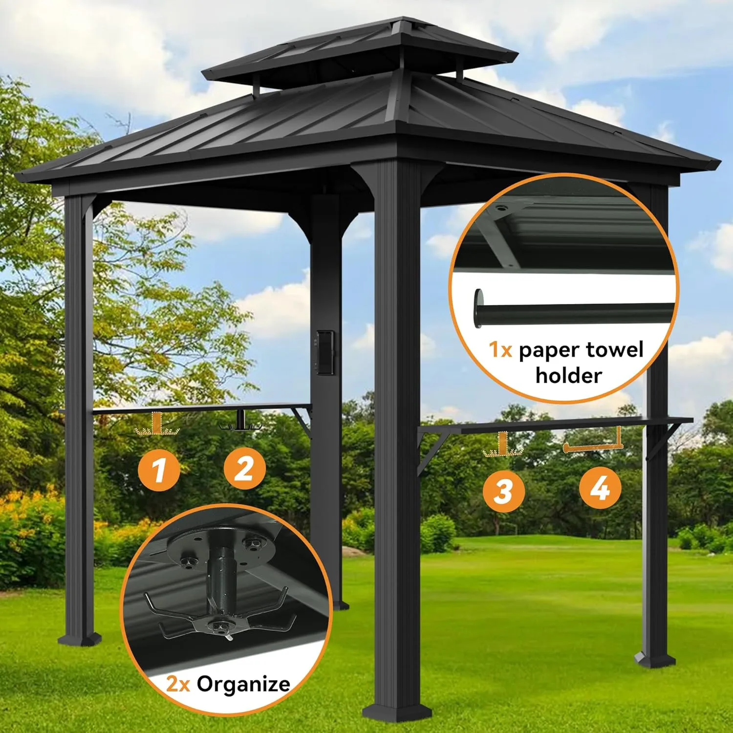 Modern Shade Grill Gazebo 6' X 8', Aluminum BBQ Gazebos with Shelves and Ceiling Hook, Grill Canopy Hardtop with Galvanized Steel Roof, Outdoor Grill Gazebo for Patio Lawn Backyard Deck