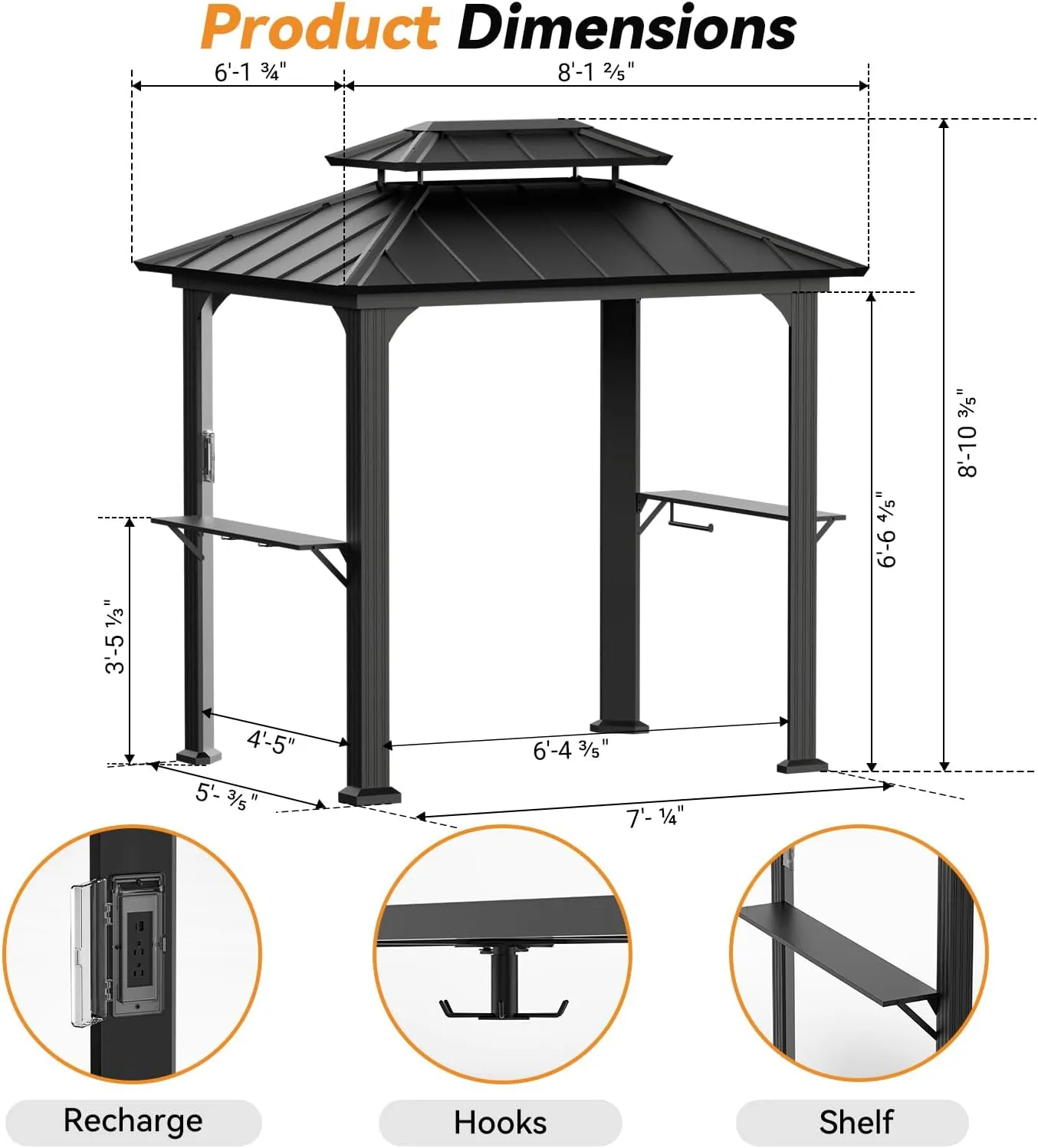Modern Shade Grill Gazebo 6' X 8', Aluminum BBQ Gazebos with Shelves and Ceiling Hook, Grill Canopy Hardtop with Galvanized Steel Roof, Outdoor Grill Gazebo for Patio Lawn Backyard Deck