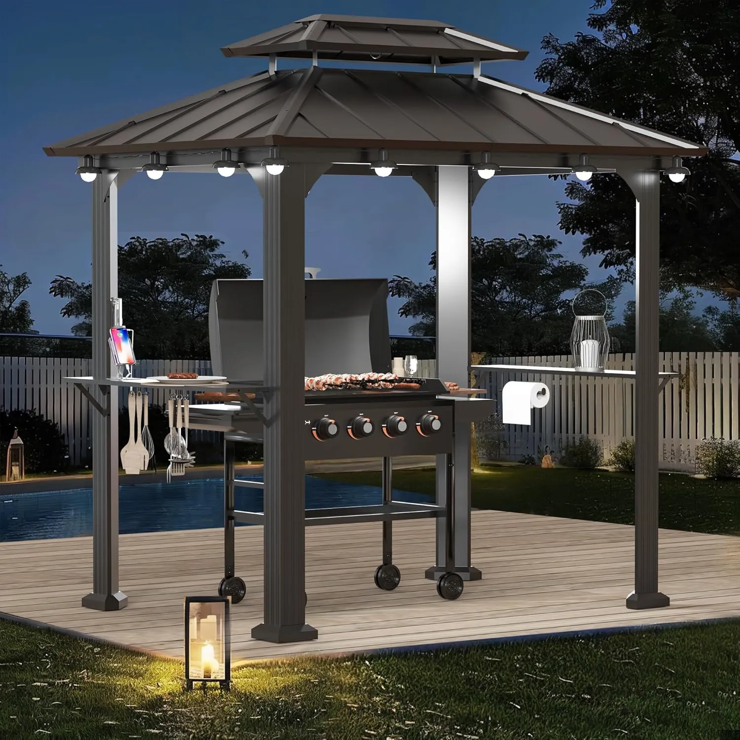 Modern Shade Grill Gazebo 6' X 8', Aluminum BBQ Gazebos with Shelves and Ceiling Hook, Grill Canopy Hardtop with Galvanized Steel Roof, Outdoor Grill Gazebo for Patio Lawn Backyard Deck