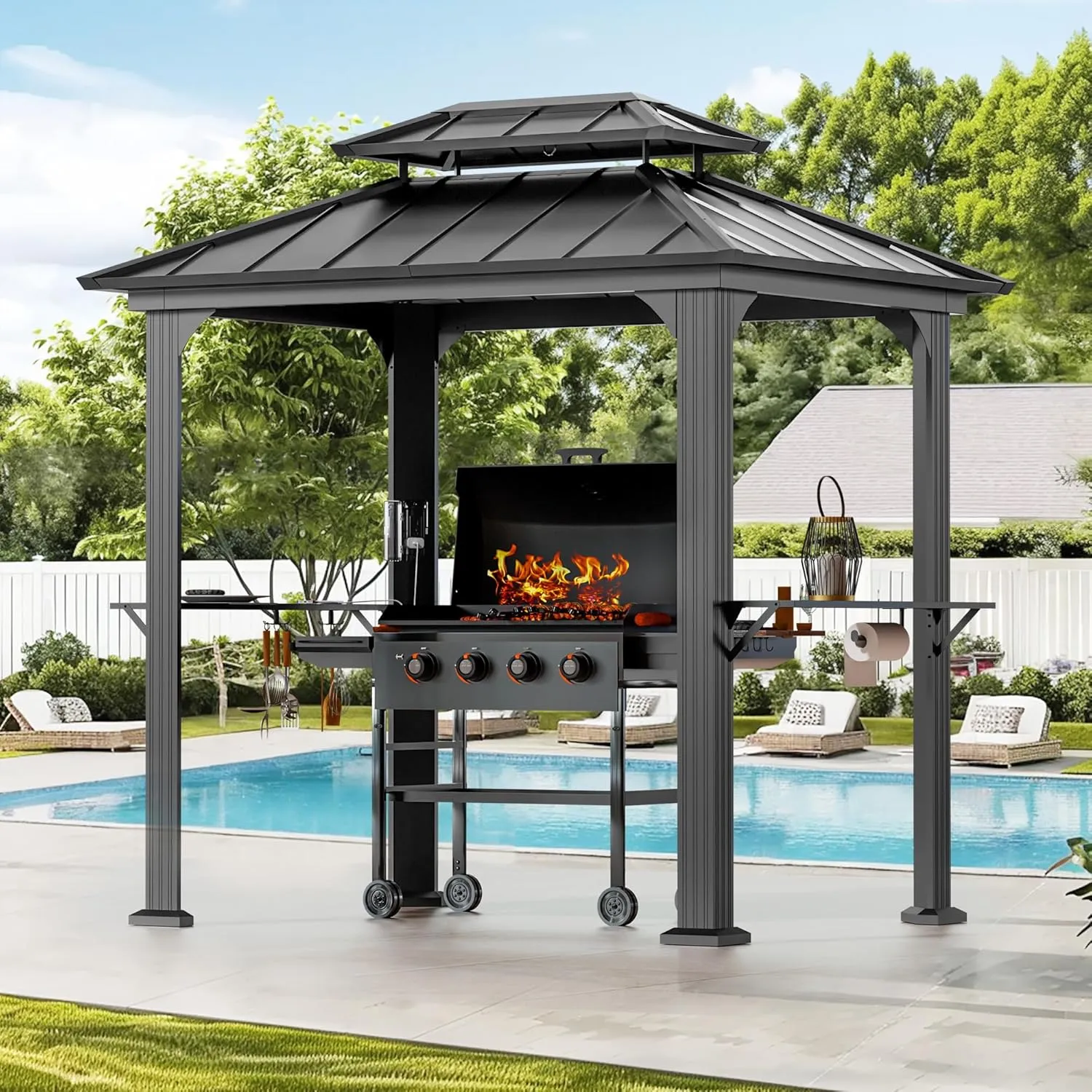 Modern Shade Grill Gazebo 6' X 8', Aluminum BBQ Gazebos with Shelves and Ceiling Hook, Grill Canopy Hardtop with Galvanized Steel Roof, Outdoor Grill Gazebo for Patio Lawn Backyard Deck