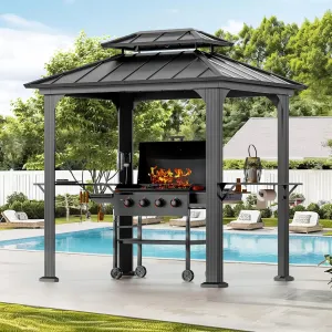 Modern Shade Grill Gazebo 6' X 8', Aluminum BBQ Gazebos with Shelves and Ceiling Hook, Grill Canopy Hardtop with Galvanized Steel Roof, Outdoor Grill Gazebo for Patio Lawn Backyard Deck