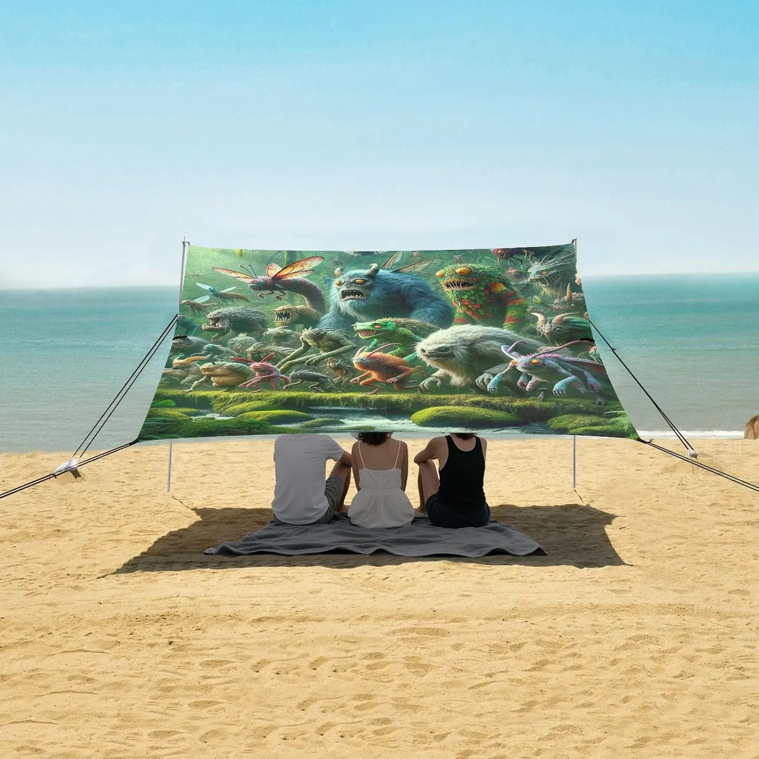 Monsters Jungle Adventure Canopy Tent Beach 9.2 × 10.5 FT Outdoor Patio Sun Shade Funny Waterproof Camping Sun Shelter with Sandbags Anchor