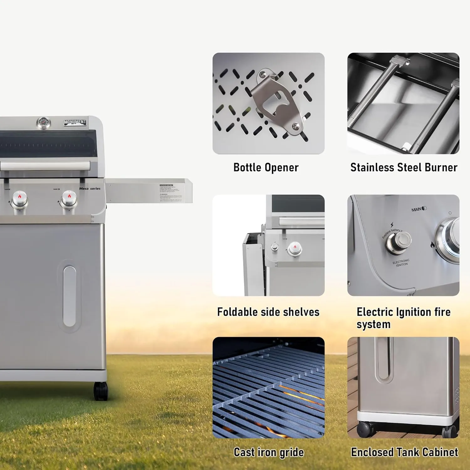 Monument Grills 2-Burner Stainless Steel Liquid Propane Gas Patio Garden Barbecue Grill with Clearview® Lid, Knob Control and Two Foldable Shelves Mesa200S