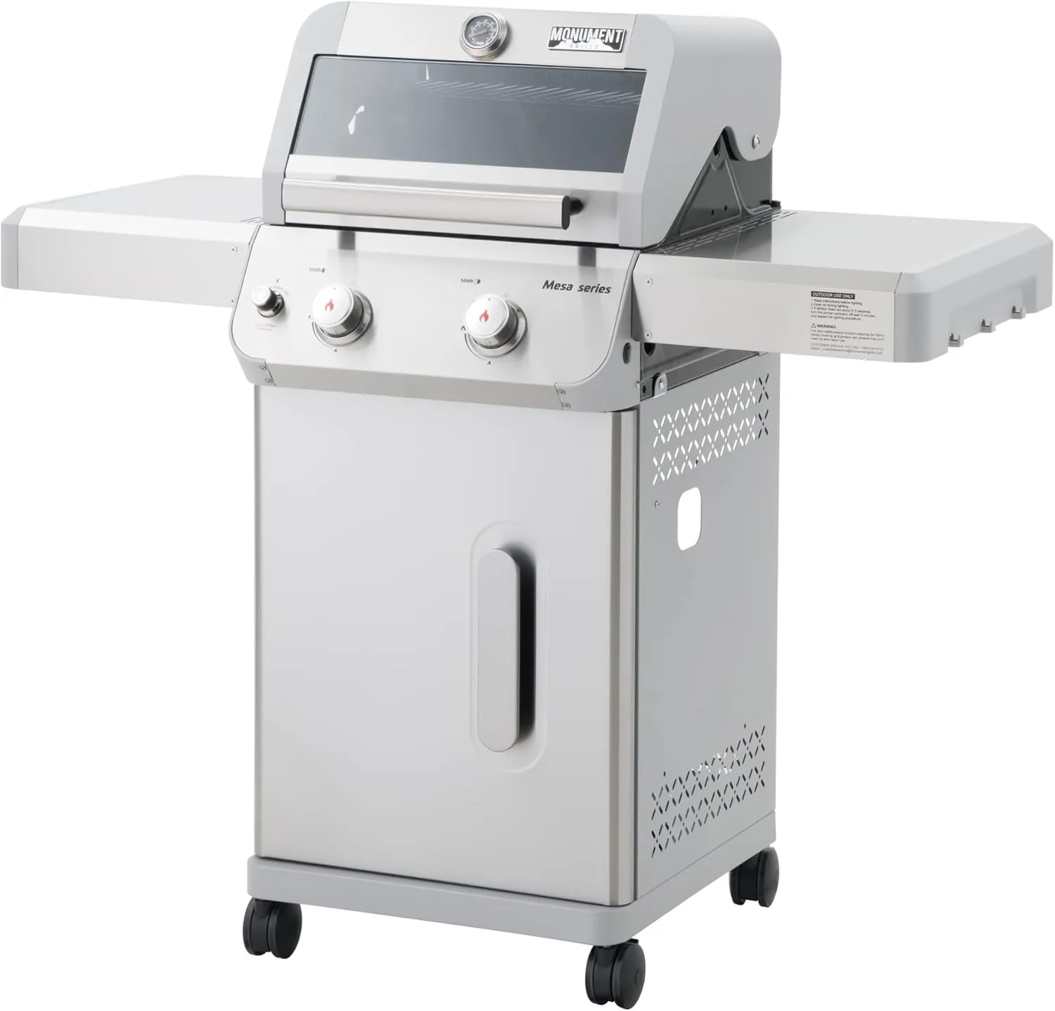 Monument Grills 2-Burner Stainless Steel Liquid Propane Gas Patio Garden Barbecue Grill with Clearview® Lid, Knob Control and Two Foldable Shelves Mesa200S